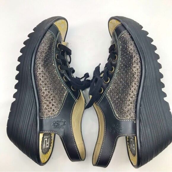 Fly London Black Metallic Perforated Leather Slingback Lace Up Chunky Wedges - Picture 6 of 16